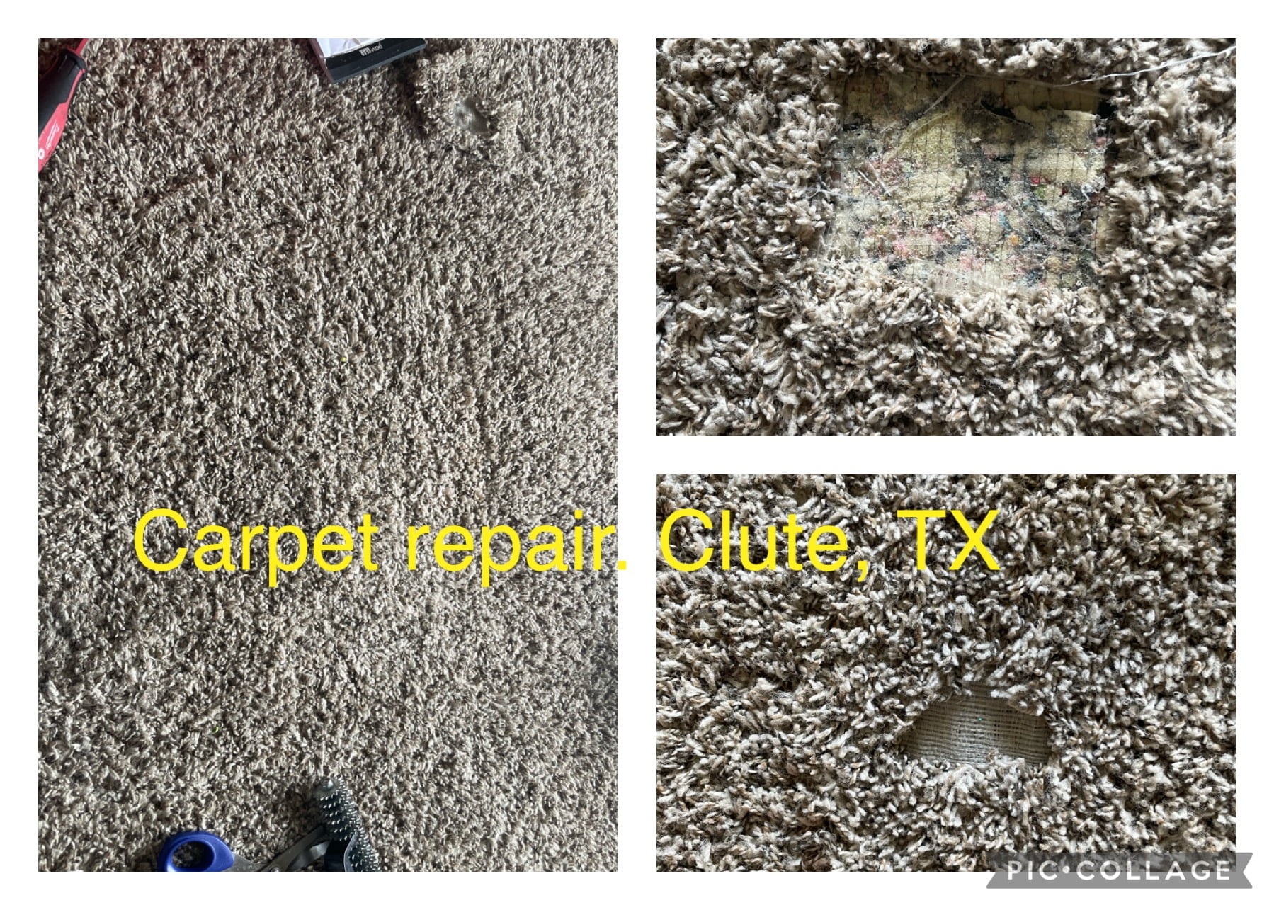 Carpet Repair 4 Damaged carpet repaired. Grey carpet with wear and tear hole. Damaged area of carpet was removed and replaced with donor carpet.